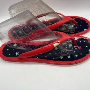 Vineyard Vines Jelly Whale Sandals red white & navy blue Stars Sz 10 gold logo